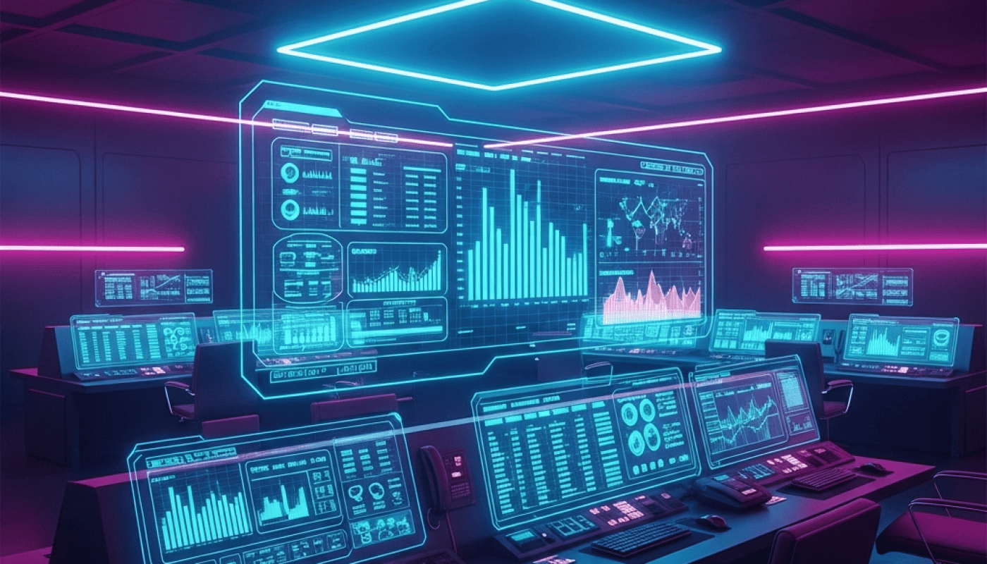 Futuristic control room with multiple digital screens displaying data analytics and graphs.