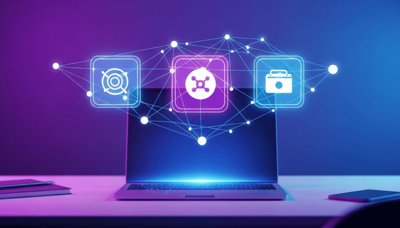 Digital automation platform with icons for integration, analytics, and management.
