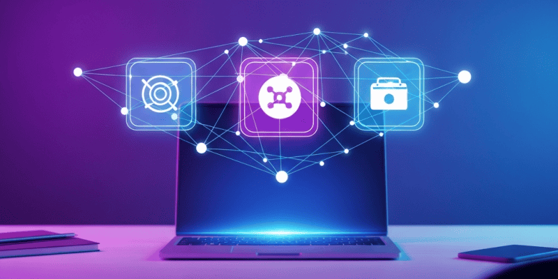 Digital automation platform with icons for integration, analytics, and management.