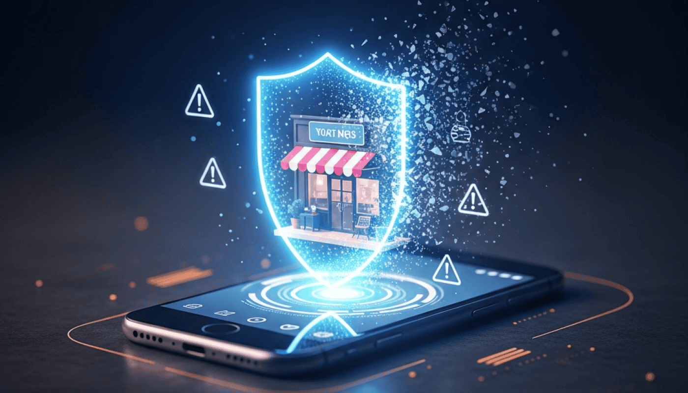 Digital security shield protecting a storefront on a smartphone screen.