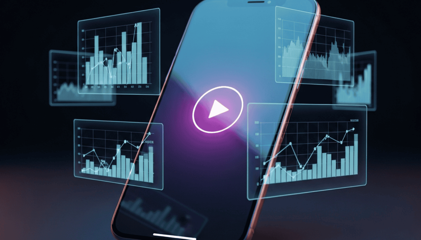 Smartphone displaying data analytics and video play icon for dropshipping management.