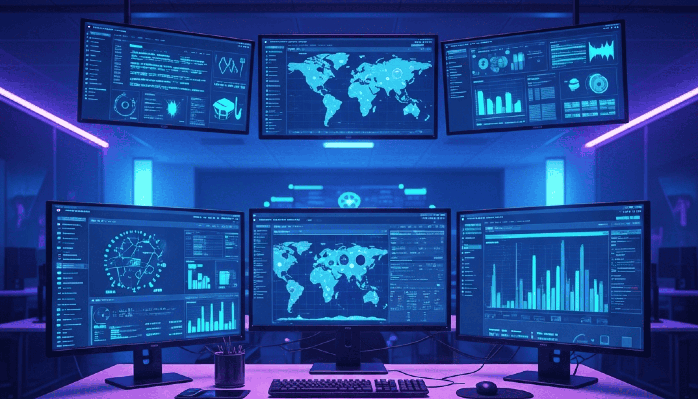 Modern e-commerce data center with multiple monitors displaying analytics.