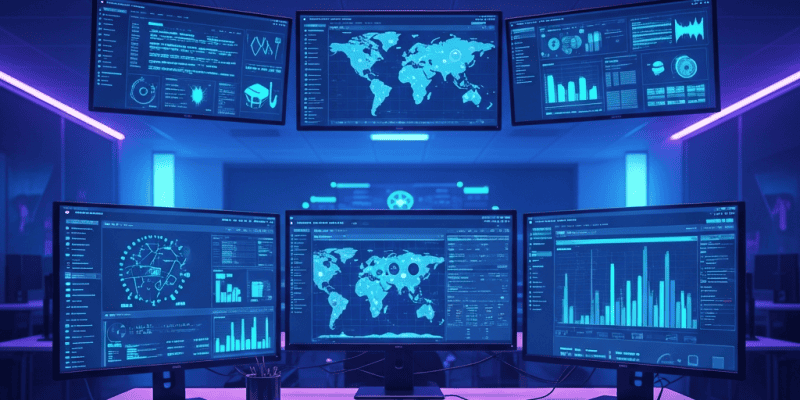 Modern e-commerce data center with multiple monitors displaying analytics.