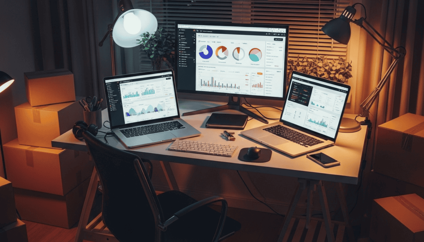 Dropified workspace with multiple monitors displaying analytics and data analysis.