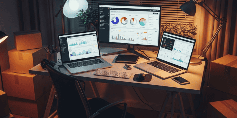 Dropified workspace with multiple monitors displaying analytics and data analysis.