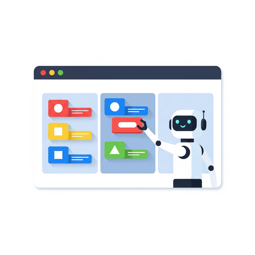Illustration of a robot managing e-commerce data with automation tools.