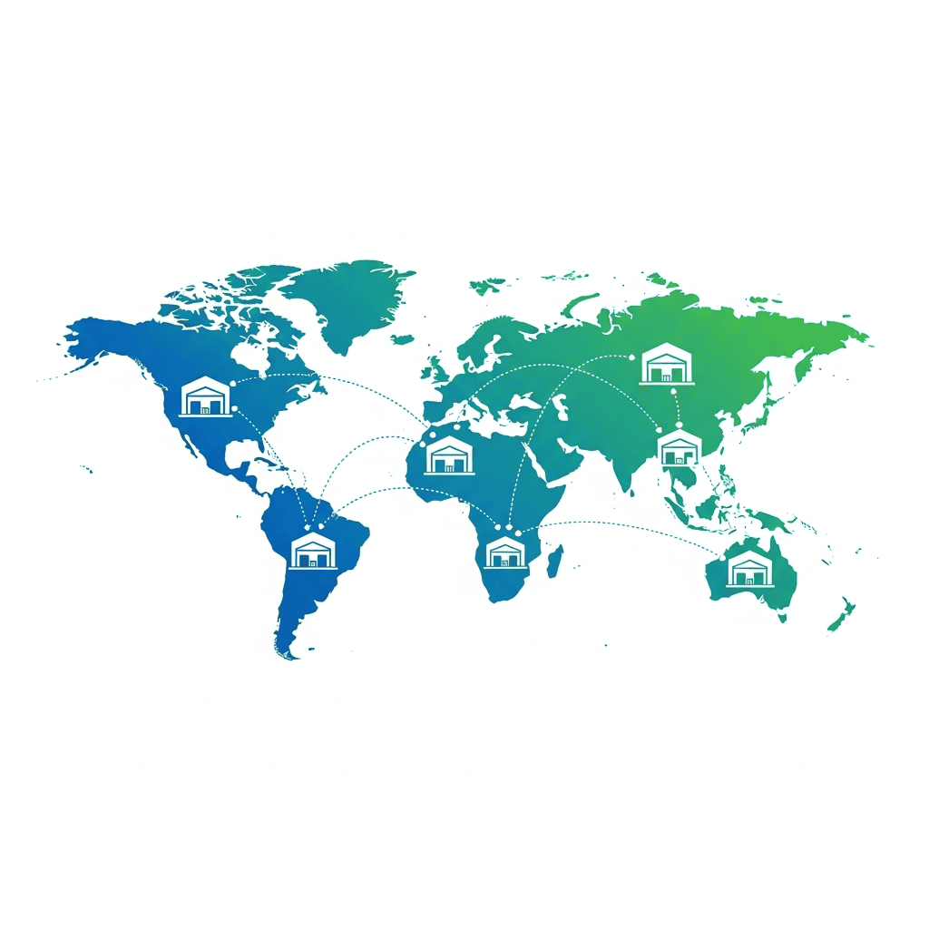 Global supply chain illustration with interconnected warehouses worldwide.