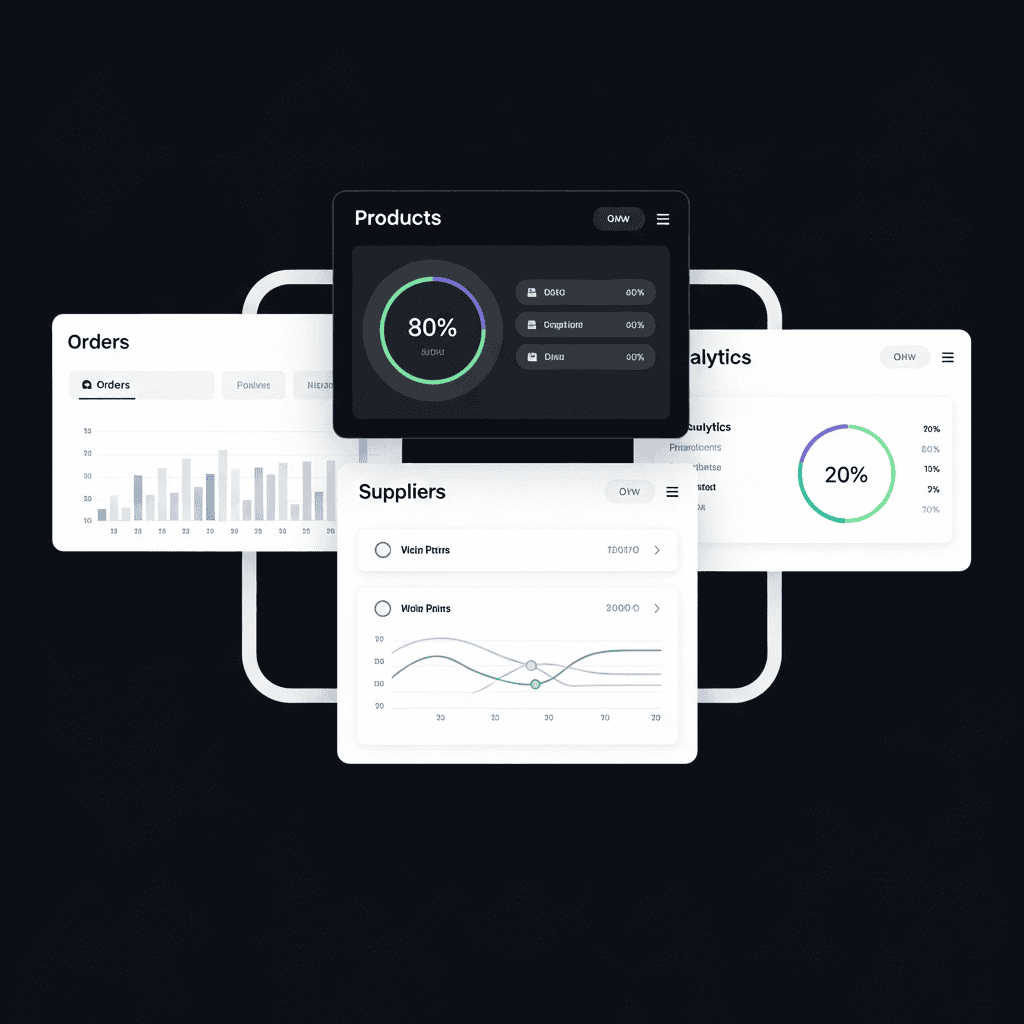 Dropified platform interface showing product, orders, suppliers, and analytics dashboards.