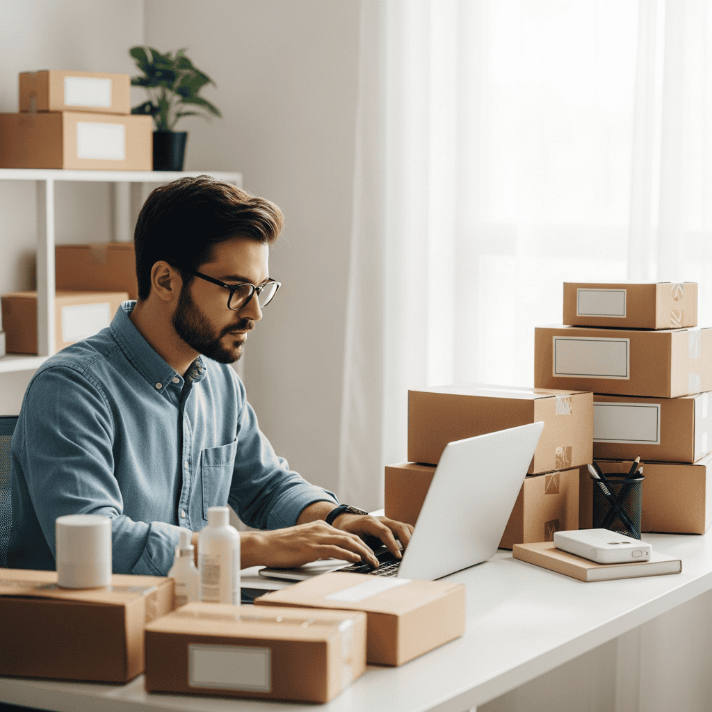 successful dropshipping facebook marketplace seller managing online business from home office