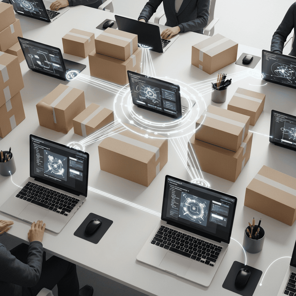 e-commerce operations hub with agentic AI coordinating fulfillment and inventory tasks