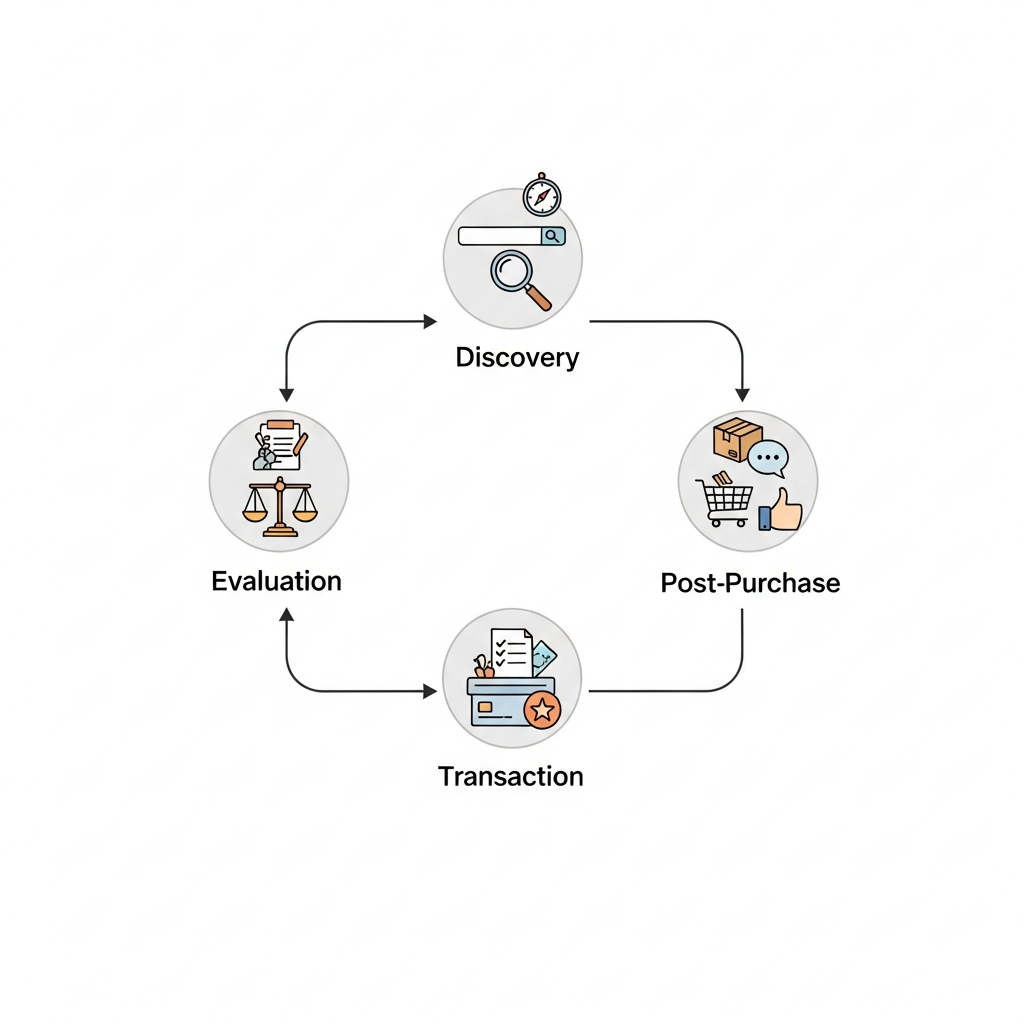 AI shopping agent workflow diagram showing discovery evaluation transaction post-purchase stages