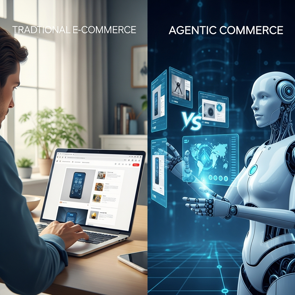 comparison of traditional shopping versus agentic commerce AI agent autonomous purchasing