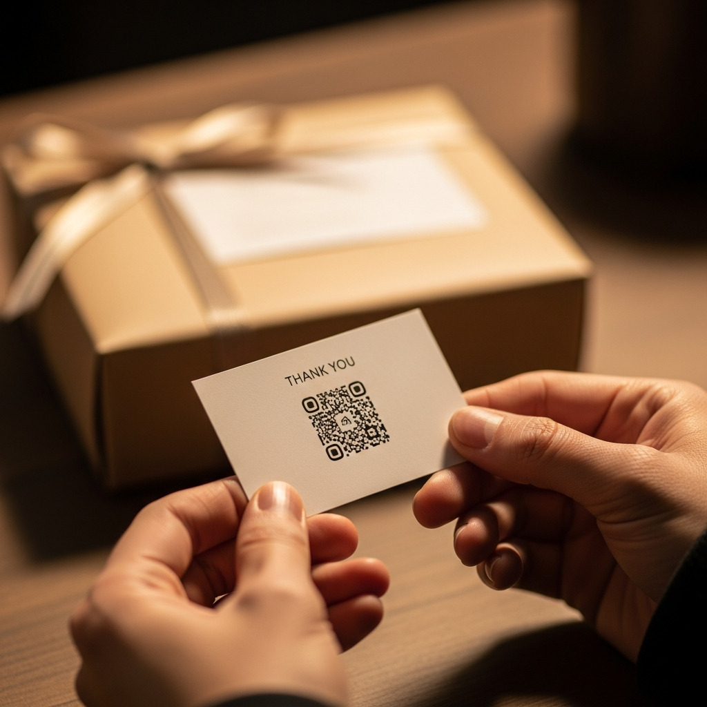 customer holding TikTok Shop thank you insert card with scannable QR code