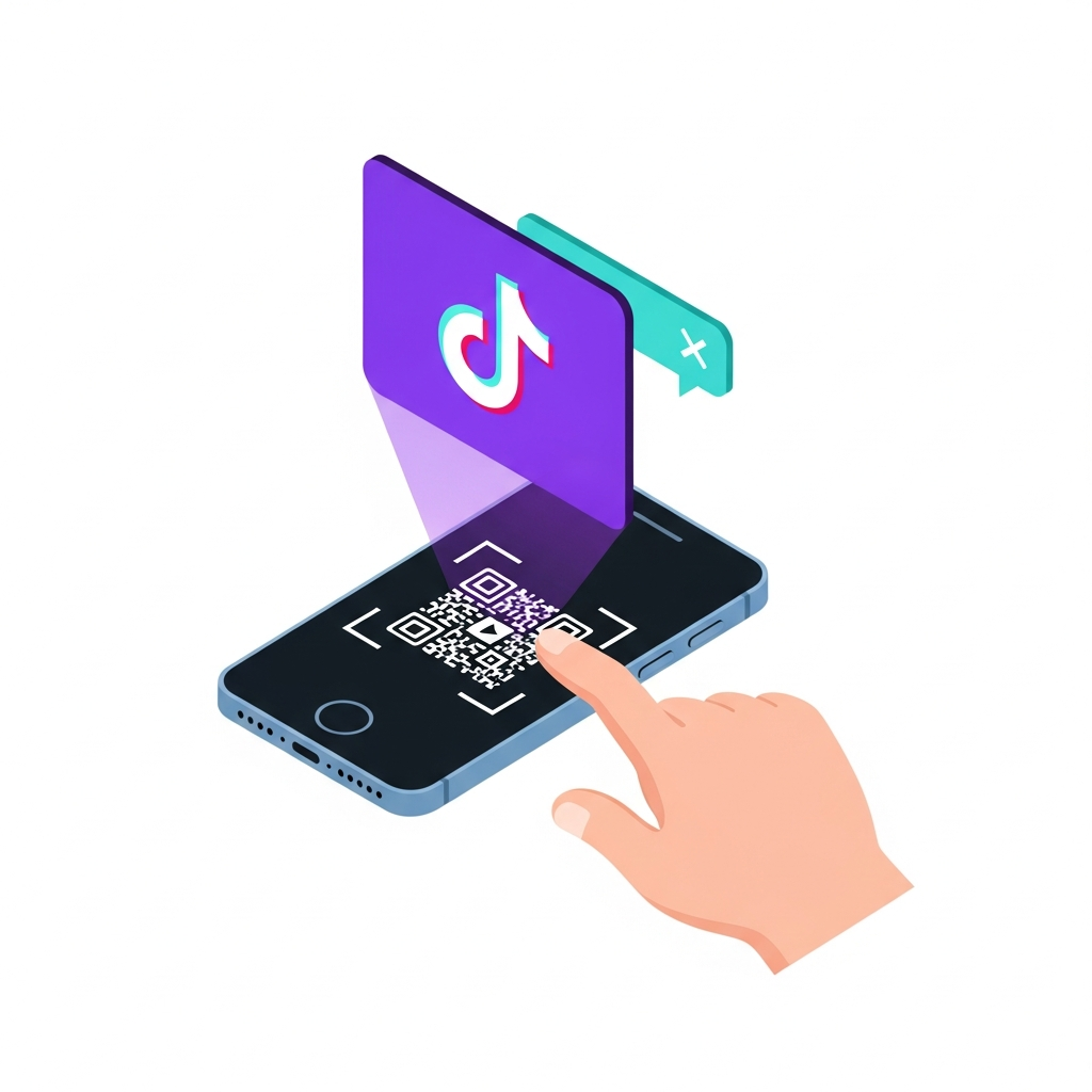 smartphone scanning packaging QR code linking to TikTok Shop profile page