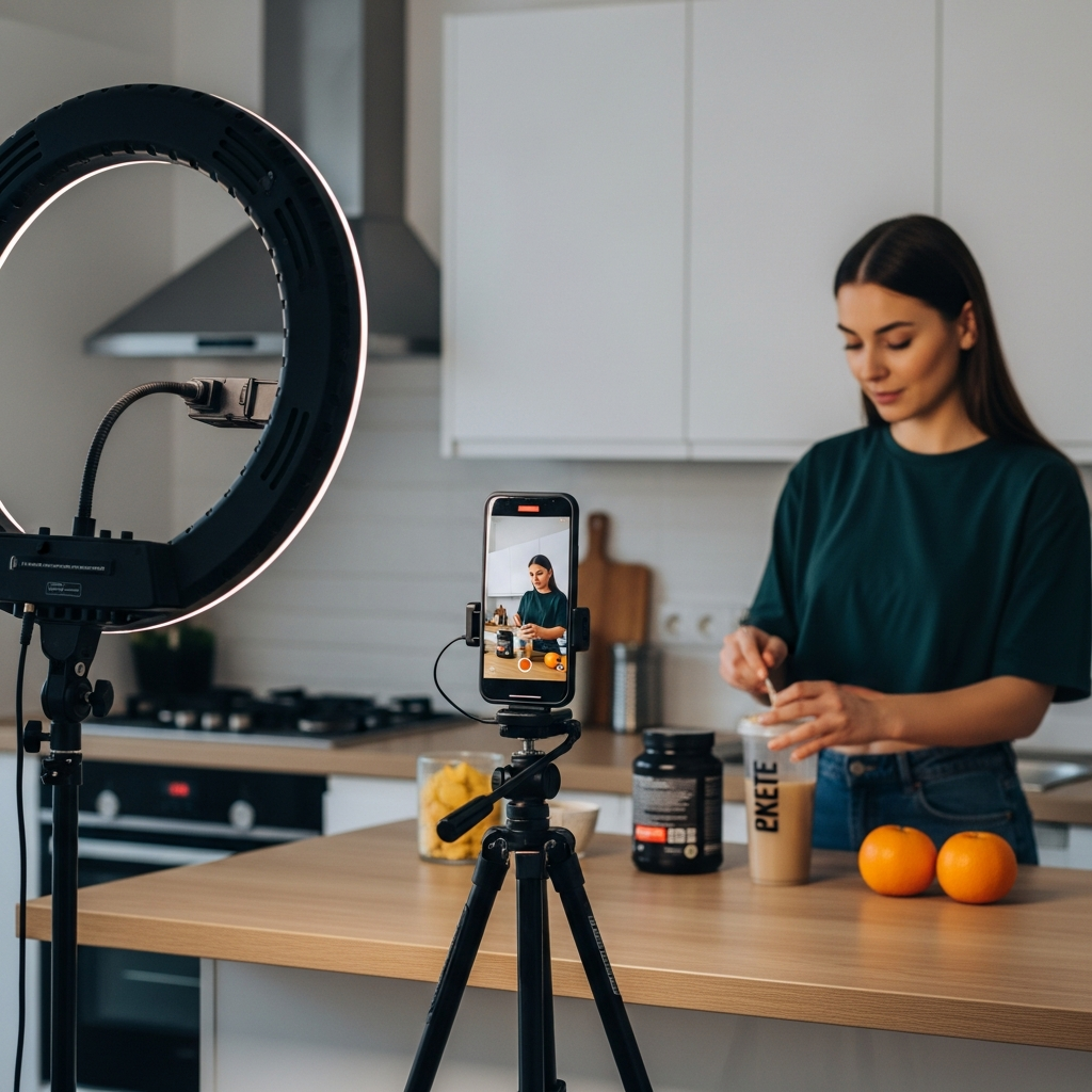 TikTok content creation setup for protein supplement product videos
