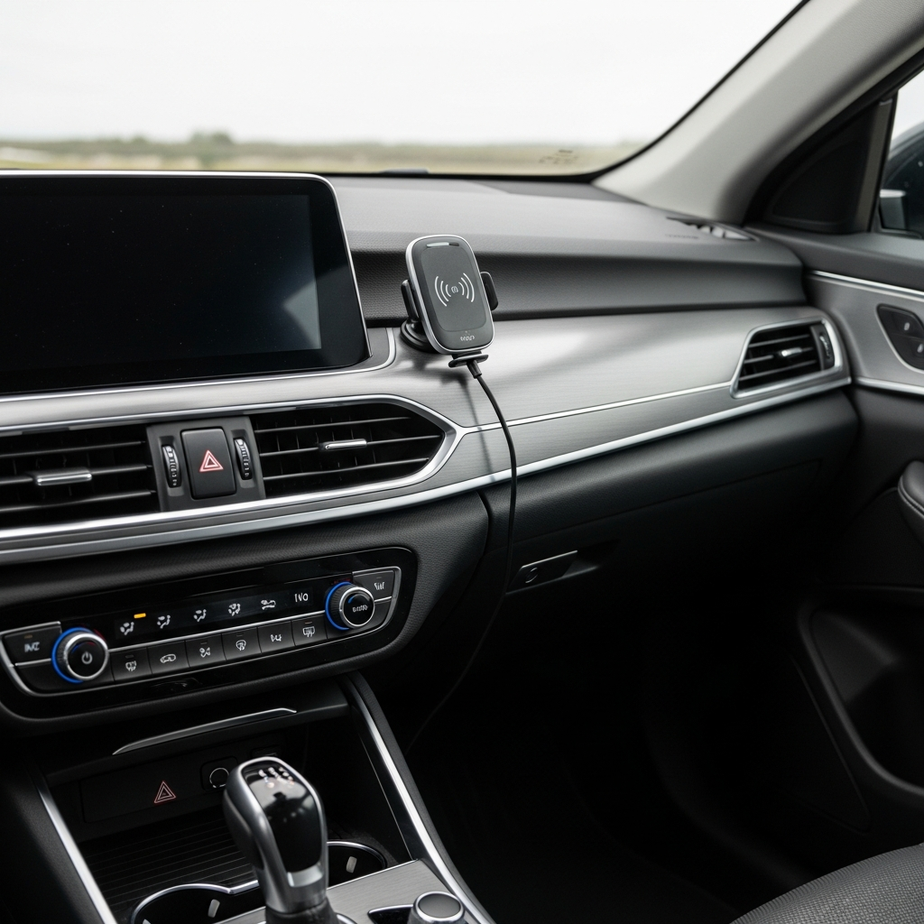 clean car dashboard setup featuring wireless phone mount for tiktok shop content