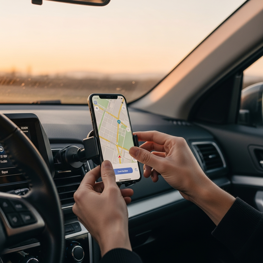 driver perspective phone mount tiktok content creation during golden hour commute